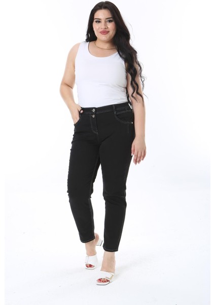 Kadın Büyük Beden Siyah 5 Cepli Likralı Gabardin Pantolon 65N38276