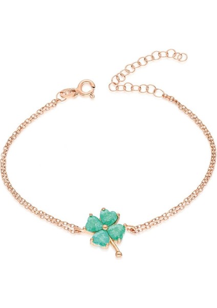 925 Ayar Yeşil Taşlı Yonca Bileklik Kadın Gümüş Takı