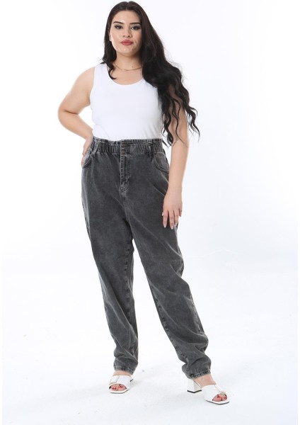 Kadın Büyük Beden Füme Beli Lastik Detaylı Yıkama Efektli Kot Pantolon 65N38261 modelleri
