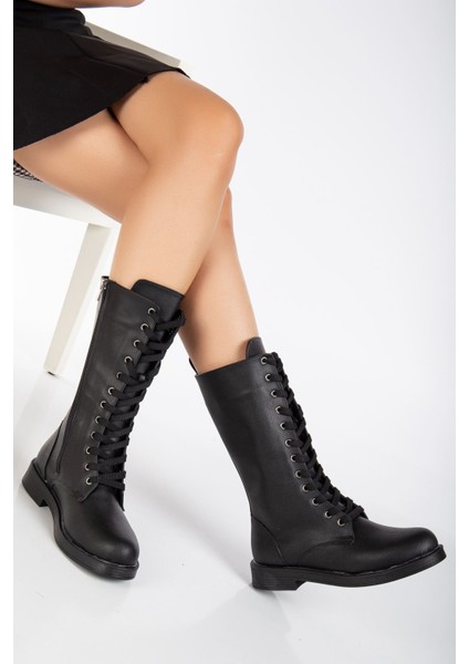 Pamira Bağcıklı Deri Çizme Siyah