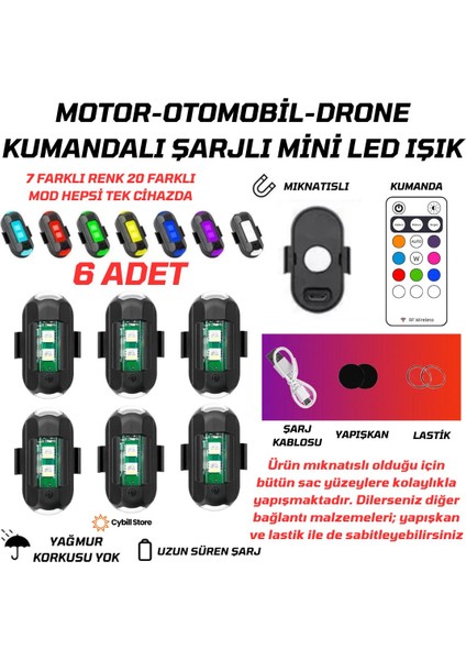 Kumandalı Çakarlı Şarjlı 7 Renk Ve 20 Modlu 6 Adet Mini Led Işık Drone Motorsiklet Araba Bisiklet Işığı