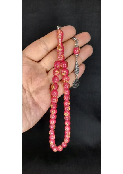 Altın Varaklı Uçak Camı Tesbih Pembe Renkli Küre Kesim T-446