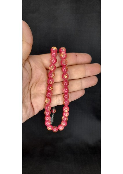 Altın Varaklı Uçak Camı Tesbih Pembe Renkli Küre Kesim T-446