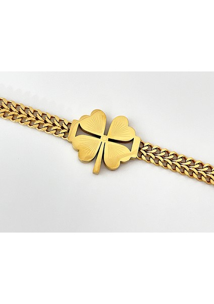 Örgü Zincir Yonca Çelik Bileklik Gold & Silver Design