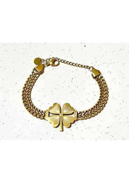 Örgü Zincir Yonca Çelik Bileklik Gold & Silver Design