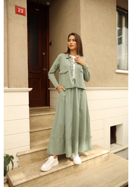 Ham Kot Kumaş Etek Ceket Takım Mint Yeşil