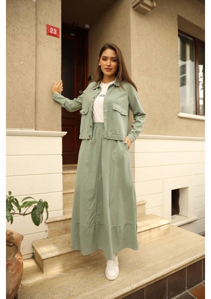 Ham Kot Kumaş Etek Ceket Takım Mint Yeşil modelleri
