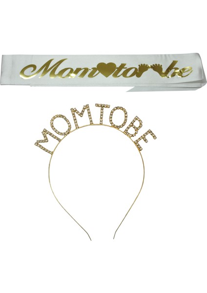 Mom To Be Metal Taç ve Kuşak & Baby Shower Set & Beyaz Altın Kuşak Taşlı Altın Taç