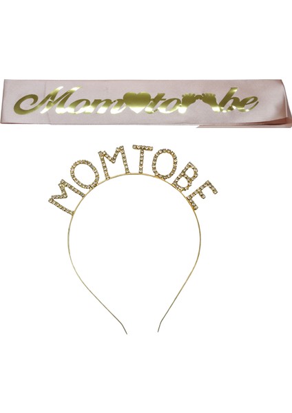 Mom To Be Metal Taç ve Kuşak & Baby Shower Set & Pembe Altın Kuşak Taşlı Altın Taç