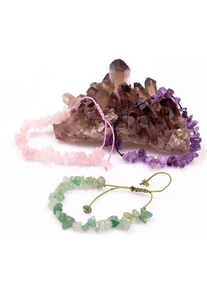 Renkli Doğal Taş Bileklik, Ayarlanabilir, Pembe Kuvars ve Ametist Detaylı