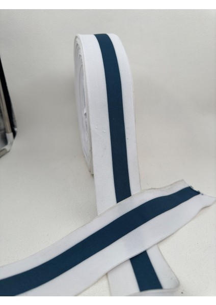 6 cm Raşel Şerit-5 Metre (Beyaz/petrol Mavi)