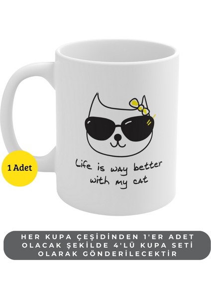 - Kedi Severler Için 4’lü Porselen Kupa Seti - Sevimli Kedi Temalı Kupa Takımı