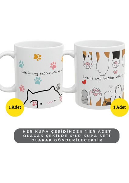 - Kedi Severler Için 4’lü Porselen Kupa Seti - Sevimli Kedi Temalı Kupa Takımı