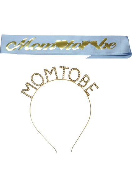 Mom To Be Metal Taç ve Kuşak & Baby Shower Set & Mavi Altın Kuşak Taşlı Altın Taç