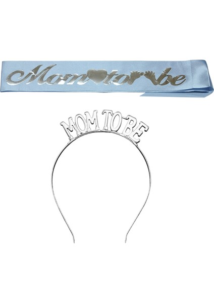 Mom To Be Metal Taç ve Kuşak & Baby Shower Set & Mavi Gümüş Kuşak Gümüş Taç