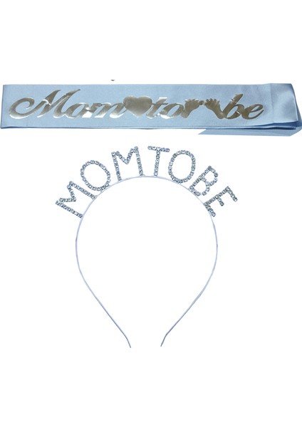 Mom To Be Metal Taç ve Kuşak & Baby Shower Set & Mavi Gümüş Kuşak Taşlı Gümüş Taç