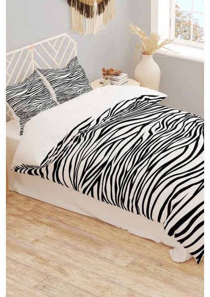 Çift Kişilik Nevresim Takımı Zebra Desenli Lastik Çarşaflı Pamuklu