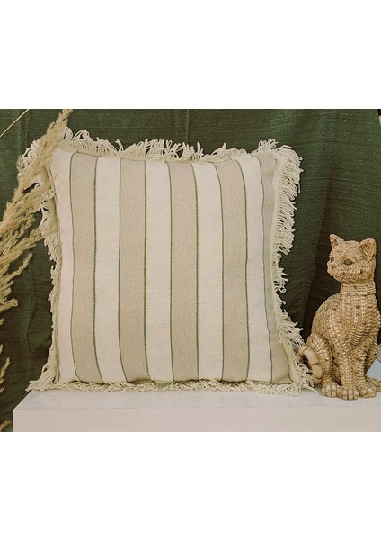 Bohem Püsküllü Keten Çizgili Kırlent 43 X43