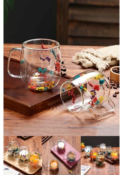 4lü Çift Cidarlı Çiçekli Kulplu Borosilikat Cam Bardak Flower Kahve Sunum Meşrubat Bardağı 250ML