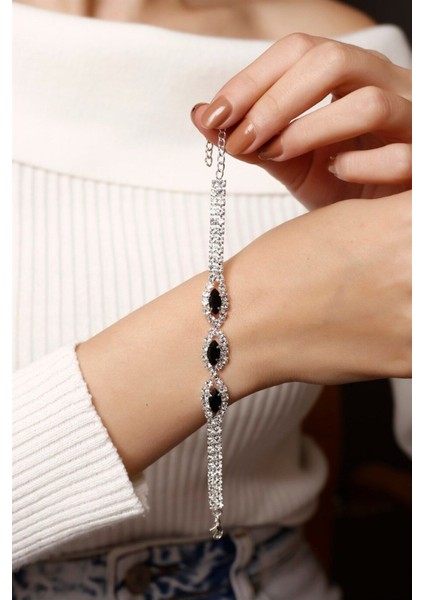 Siyah Zirkon Taşlı Gümüş Kaplama Bileklik, Şık ve Zarif Tasarım