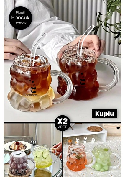 2'li Kulplu Üzüm Tanesi Boncuk Şekilli Borosilikat Bardak 350 ml Isıya Dayanıklı Kahve Sunum Bardağı