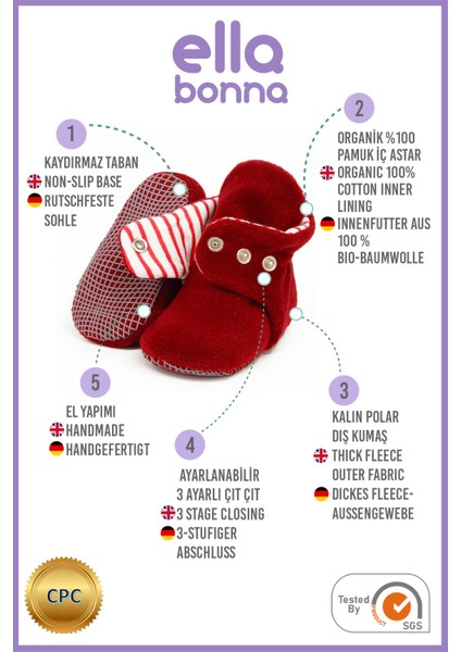 Polar Bebek Pandufu, Kaydırmaz Taban, Organik Pamuk Astarlı, İlk Adım Ev Patiği, Bordo modelleri