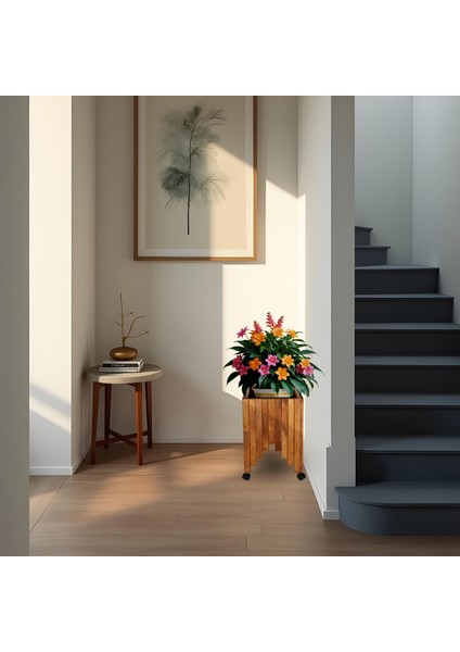 Dekoratif Ahşap Saksılık Çiçeklik Ahşap Saksı Altlığı 38 x 38 x 50 cm Tekerlekli Saksı Sehpası