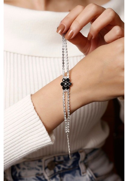 Siyah taşlı gümüş kaplama çiçek bileklik, şık ve zarif tasarım, ayar 8. fiyatları
