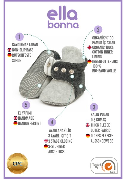 Polar Bebek Pandufu, Kaydırmaz Taban, Organik Pamuk Astarlı, İlk Adım Ev Patiği, Gri Antrasit modelleri