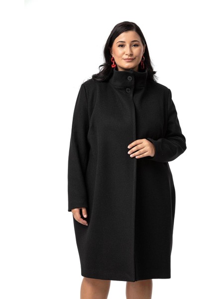 Büyük Beden Dik Yaka Düğme Detaylı Astarlı Siyah Kaşe Kaban fiyatları