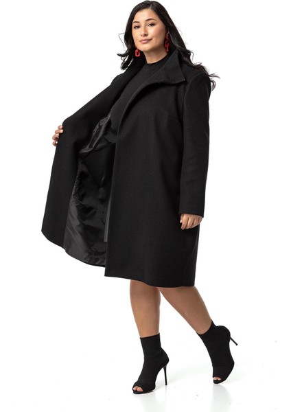 Büyük Beden Dik Yaka Düğme Detaylı Astarlı Siyah Kaşe Kaban fırsatları