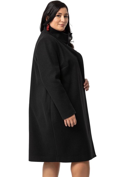 Büyük Beden Dik Yaka Düğme Detaylı Astarlı Siyah Kaşe Kaban indirimleri