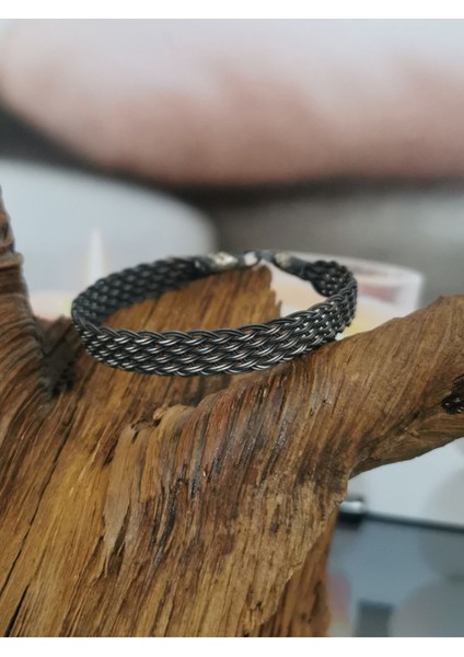Kazaziye Viking Hasır Gümüş Bileklik, Siyah, 925 ayar, oksitli, şık ve dayanıklı tasarım
