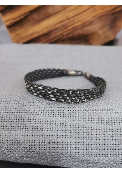 Kazaziye Viking Hasır Gümüş Bileklik, Siyah, 925 ayar, oksitli, şık ve dayanıklı tasarım