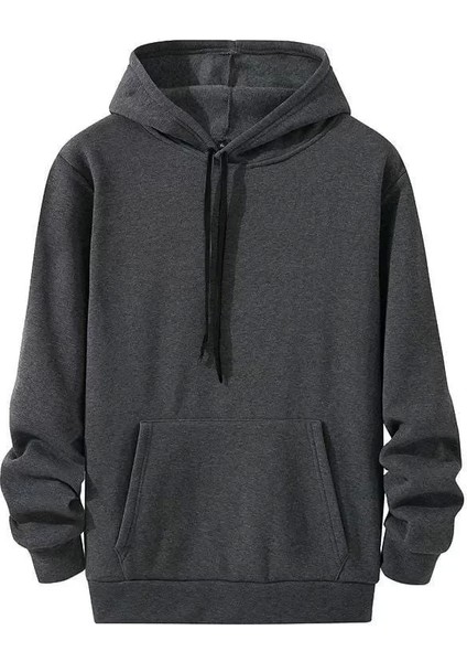 Erkek Uzun Kol Kapşonlu Basic Sweatshirt Hoodie - Füme