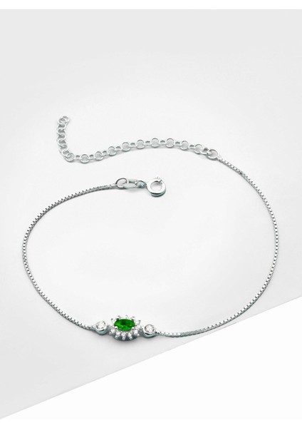 925 Ayar Zirkon Yeşil Oval Ayarlanabilir Bileklik