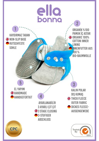 Polar Bebek Pandufu, Kaydırmaz Taban, Organik Pamuk Astarlı, İlk Adım Ev Patiği, Gri Mavi modelleri
