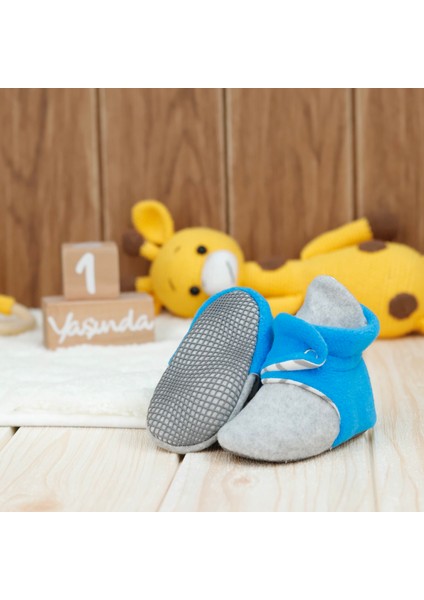 Polar Bebek Pandufu, Kaydırmaz Taban, Organik Pamuk Astarlı, İlk Adım Ev Patiği, Gri Mavi