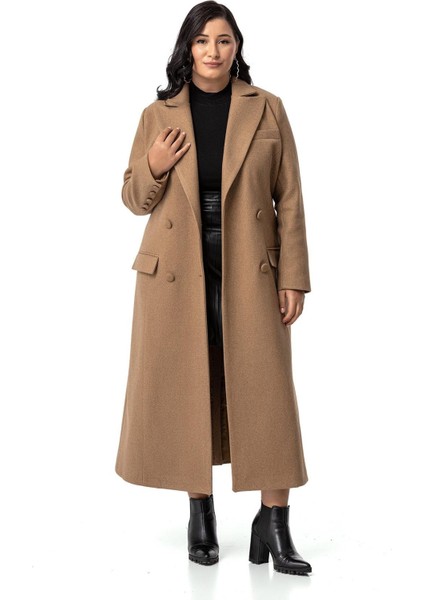 Büyük Beden Kaplama Düğmeli Cepli Astarlı Uzun Vizon Kaşe Kaban