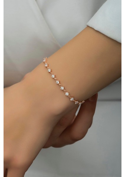 925 Ayar Gümüş Beyaz Taşlı Rose Sıralı Bileklik