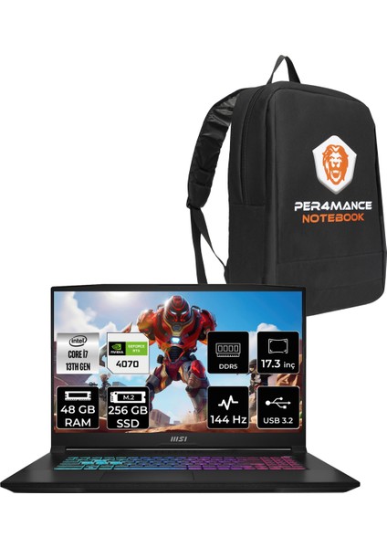 Msı Katana 17 Intel Core I7 13620H 48GB 256GB SSD RTX4070/8GB 17.3" Fhd 144Hz Fdos Taşınabilir Bilgisayar & Per4 Çanta B13VGK1287XTRP326