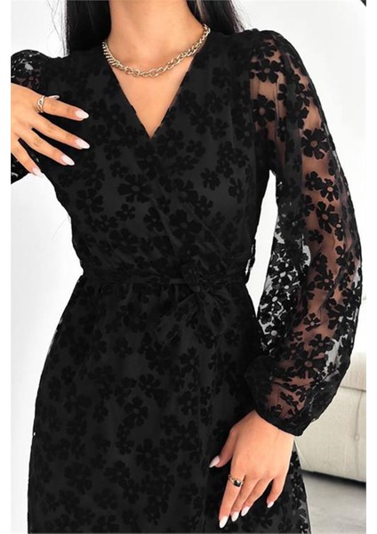 Kadın Kruvaze Yaka Dantel Astarlı Siyah Midi Elbise 12E-2292 modelleri