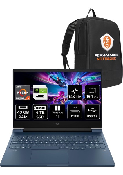 Victus 16 Amd Ryzen 7 8845HS 40GB 4tb SSD RTX4060/8GB 16.1" Fhd 144Hz W11P Taşınabilir Bilgisayar & Per4 Çanta A05N8EAPN405