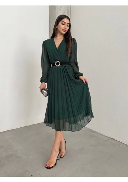 Kadın Şifon Kumaş Astalı Kloş Kesim Kruvaze Yaka Midi Boy Elbise