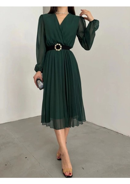 Kadın Şifon Kumaş Astalı Kloş Kesim Kruvaze Yaka Midi Boy Elbise fiyatları