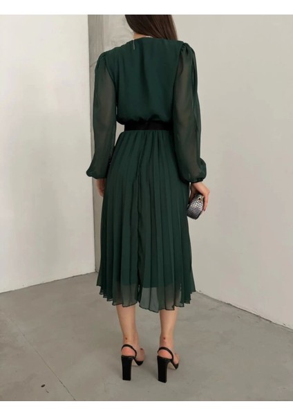 Kadın Şifon Kumaş Astalı Kloş Kesim Kruvaze Yaka Midi Boy Elbise modelleri