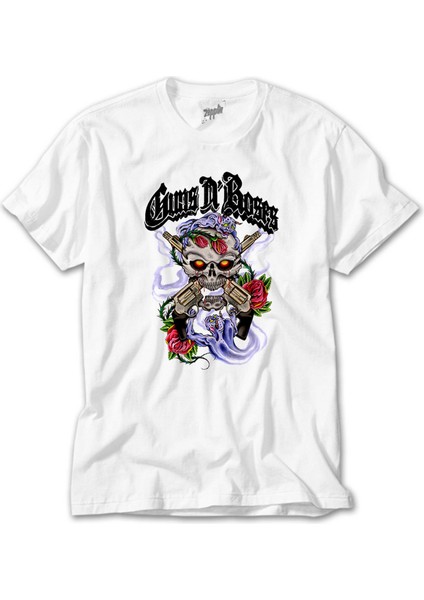 Guns N Roses Skull And Gun Beyaz Tişört