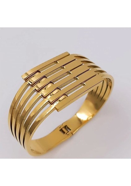 Parlak altın kaplama çelik bileklik, şık ve dayanıklı tasarım