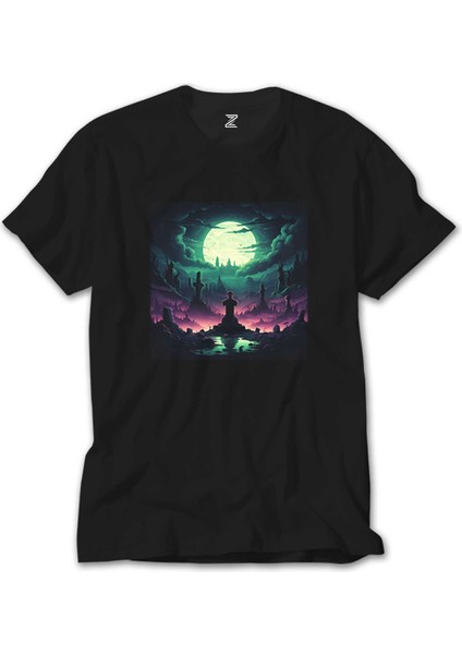 Cemetery Illuminated By An Aurora Siyah T-Shirt
