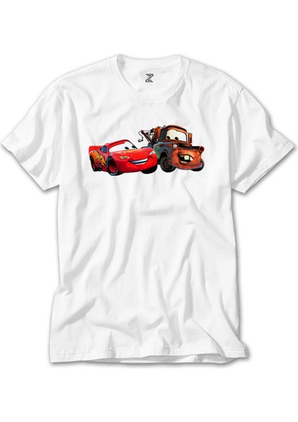 Şimşek Mcqueen ve Tow Mater Arabalar Beyaz T-Shirt